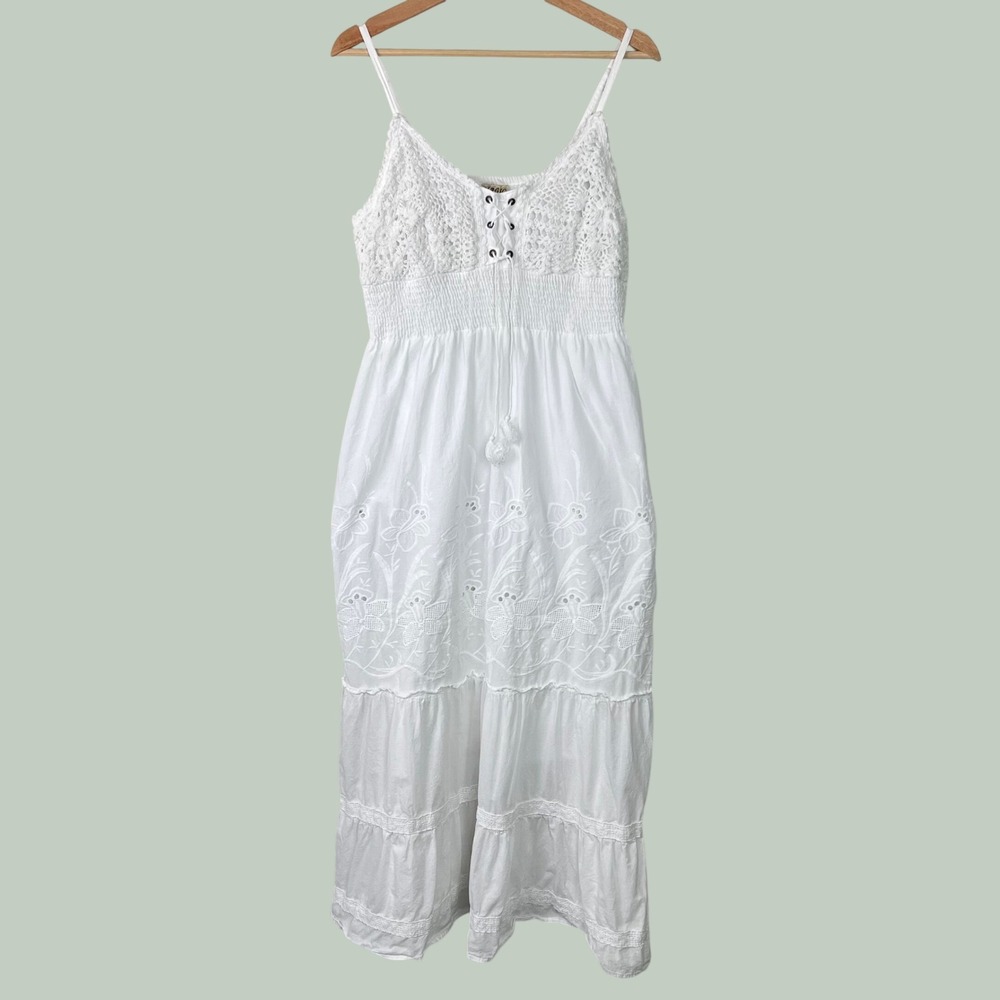 Magic Womens White Cotton Eyelet‎ Crochet Boho Maxi Dress XL Smocked Tiered Folk